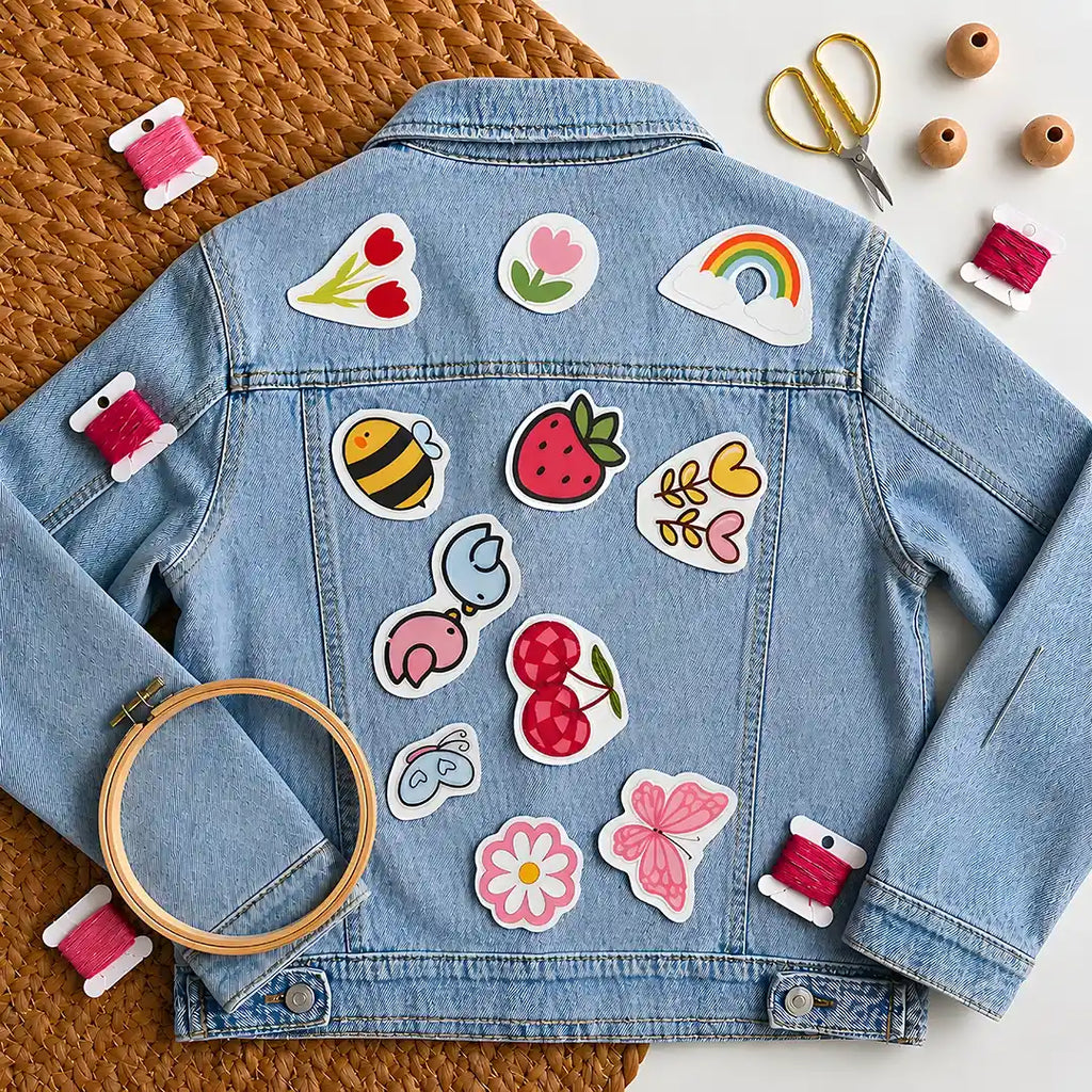 Garden-themed stitch and stitch stickers on blue jacket on textured surface with embroidery tools like hoop, needle, threads and scissors 