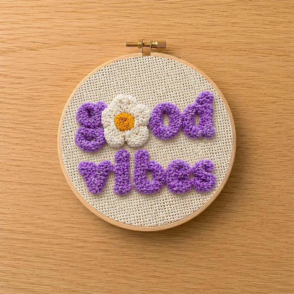 Embroidery hoop with 'Good Vibes' text and a flower design on a wooden surface