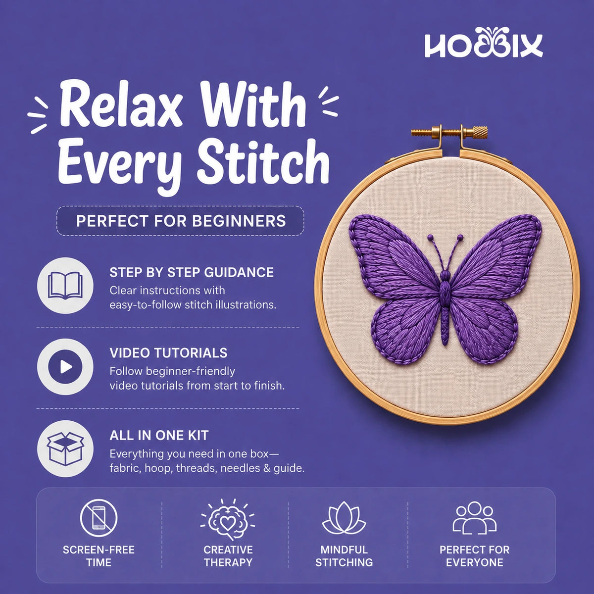 Promotional graphic for a beginner's embroidery kit by HOBBIX, featuring a purple embroidered butterfly in a wooden hoop on a purple background with text highlighting step-by-step guidance, video tutorials, and all-in-one kit contents
