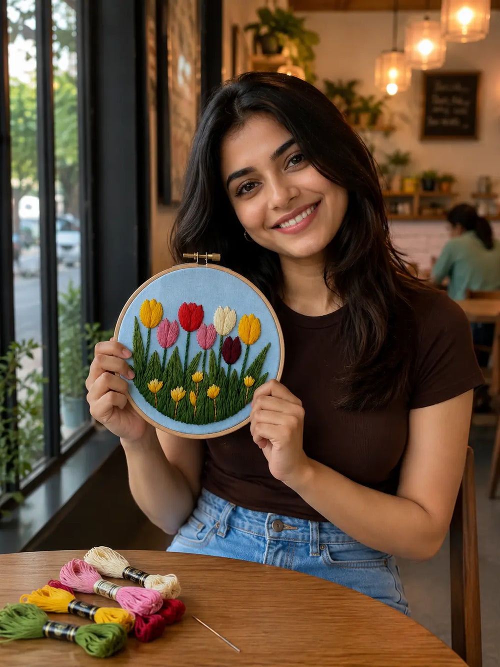 Woman holding an embroidery hoop with a floral design in a cafe setting
