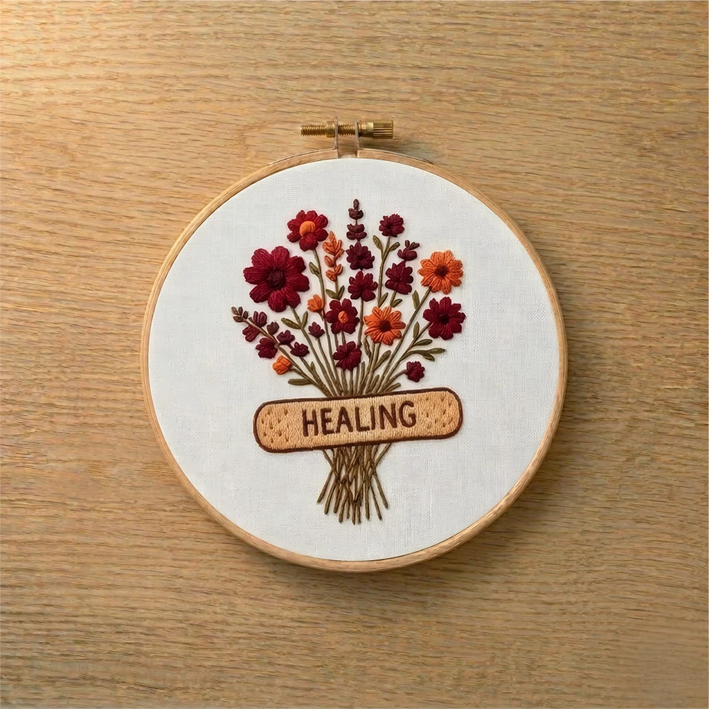 Embroidery hoop with floral design and 'HEALING' text on a wooden surface