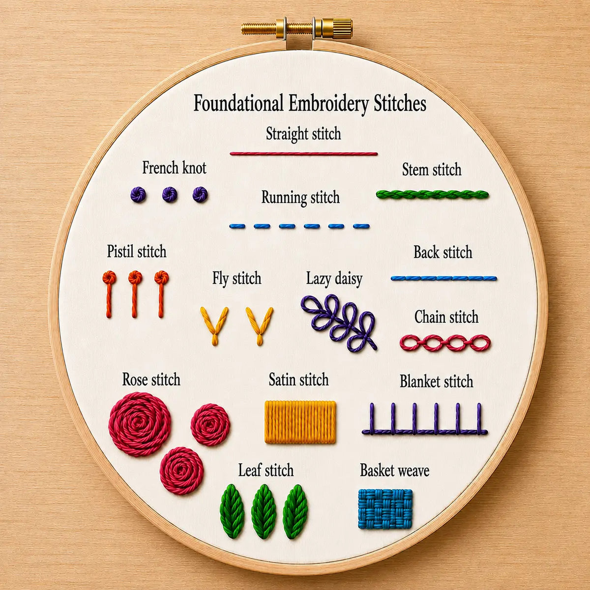 Embroidery hoop with foundational embroidery stitches diagram on a wooden surface