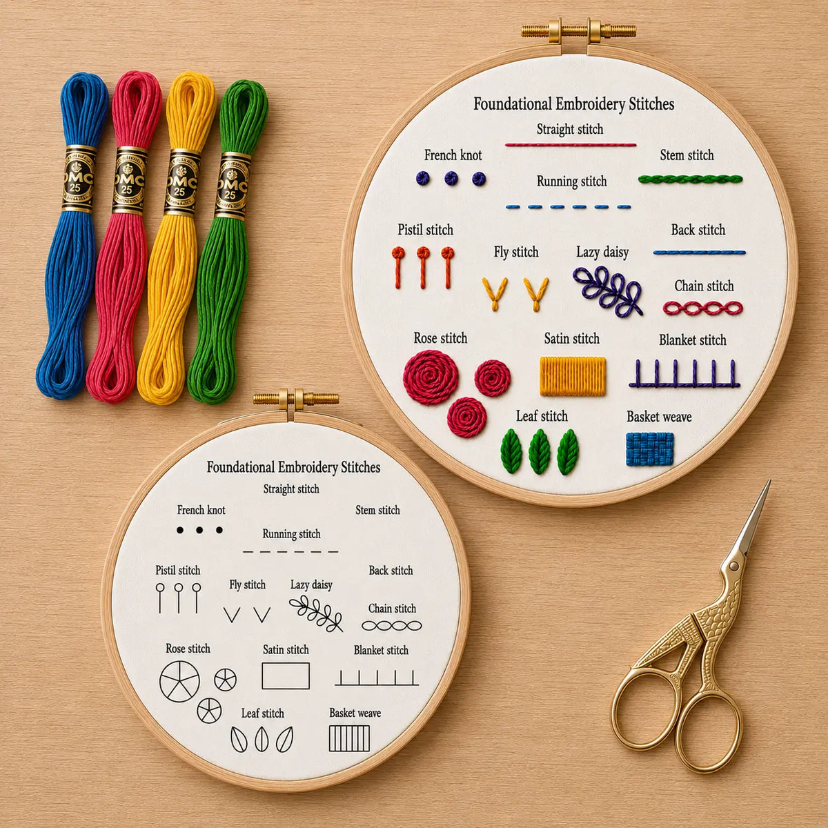 Embroidery hoop with embroidery thread, scissors, and stitch chart on a wooden surface