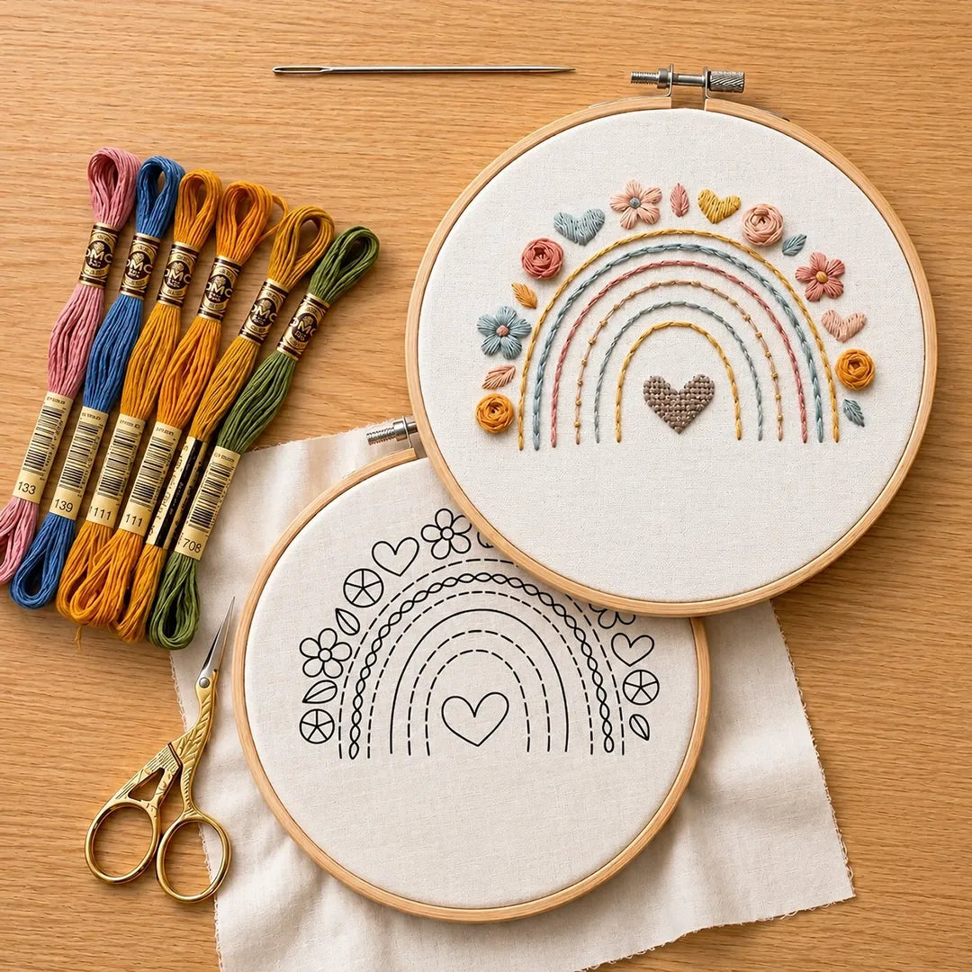 Embroidery hoops with rainbow and heart designs, colorful threads, and scissors on a wooden surface.