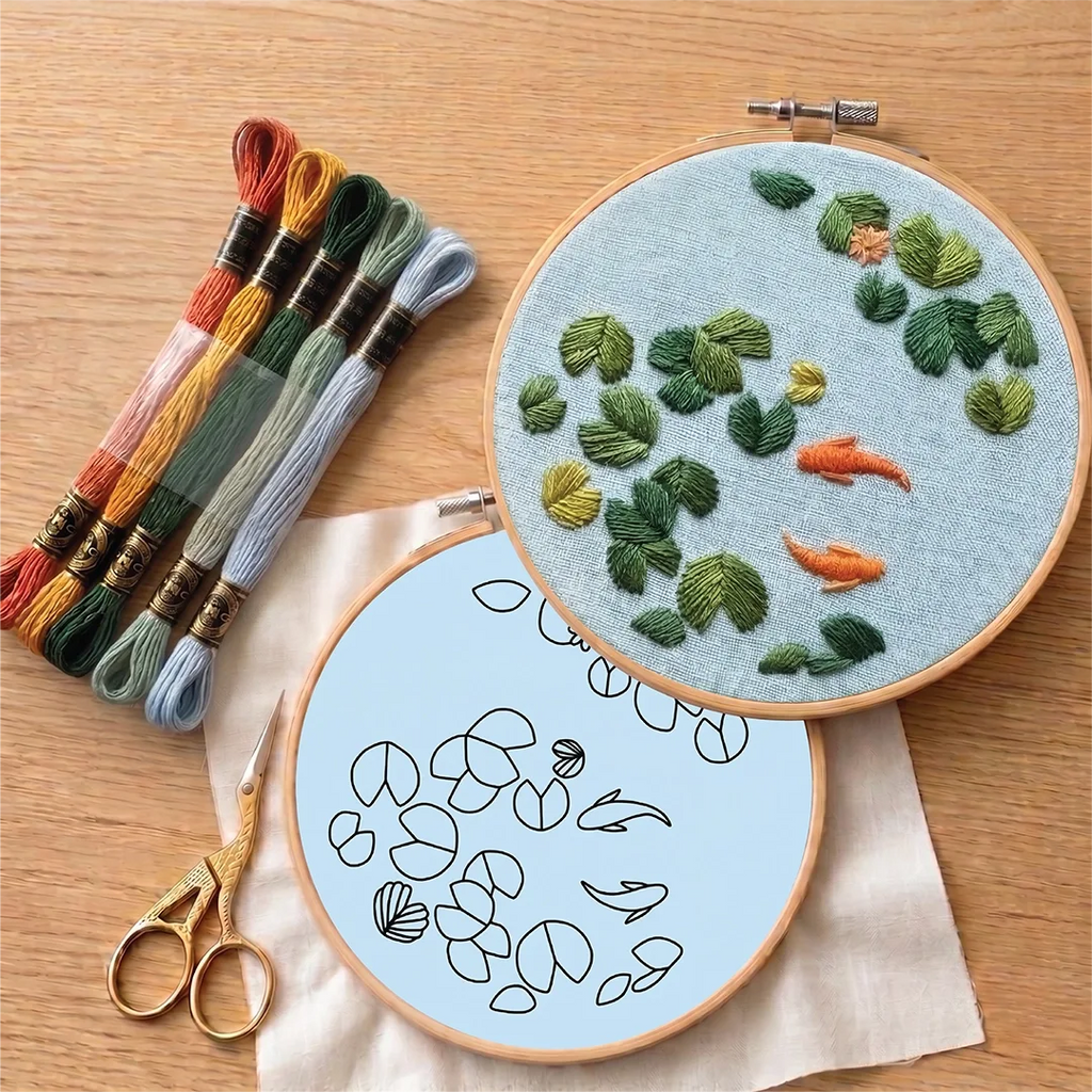 Embroidery hoop with fish design, embroidery thread, scissors, and pattern guide on a wooden surface