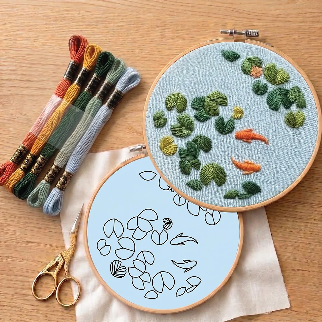 Embroidery hoop with fish design, embroidery thread, scissors, and pattern guide on a wooden surface