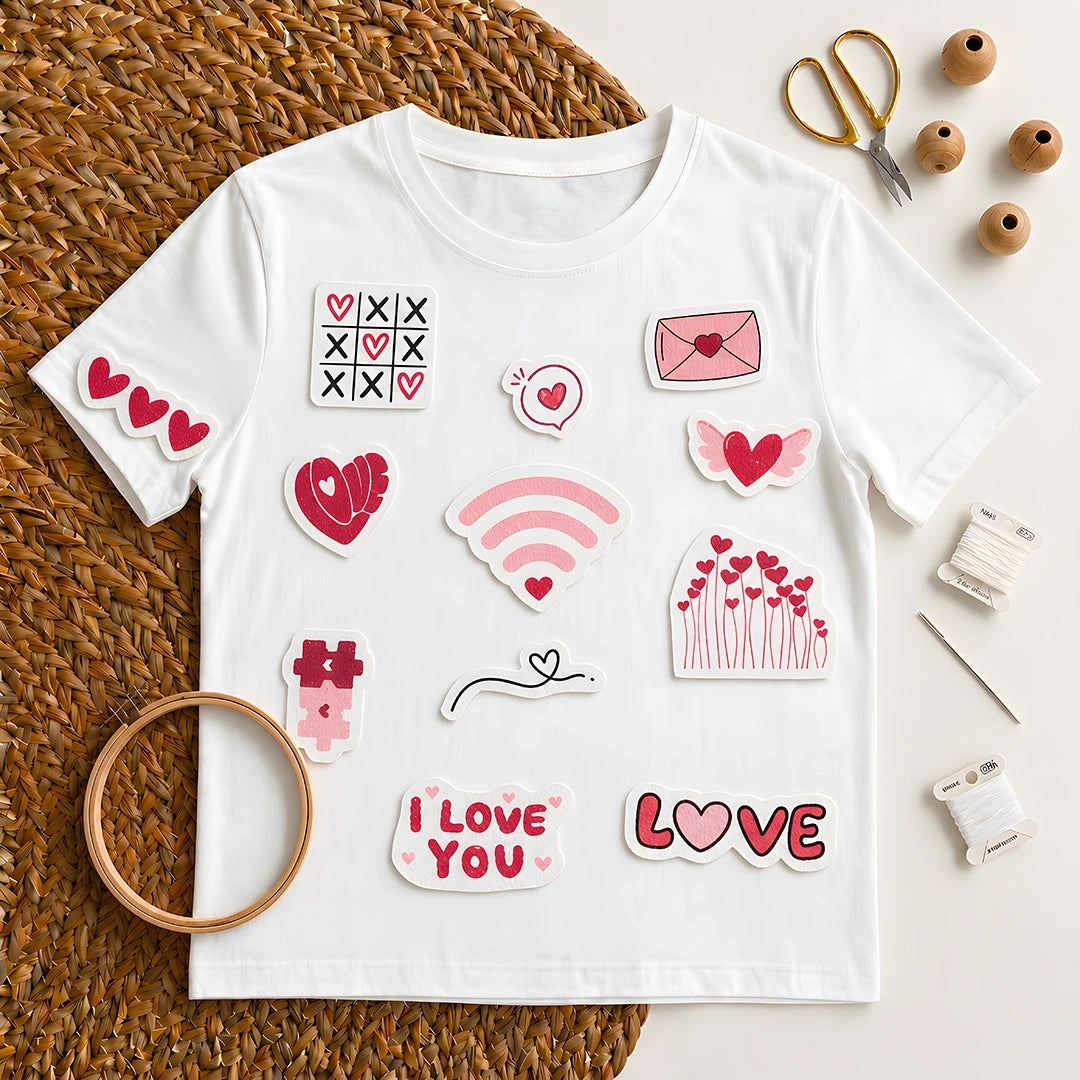 Love heart stitch and stitch stickers on white t-shirts on textured surface with embroidery tools like needle, hoop, scissors and threads