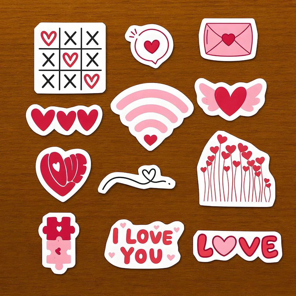 Collection of love heart-themed stitch and stitch stickers on a wooden background