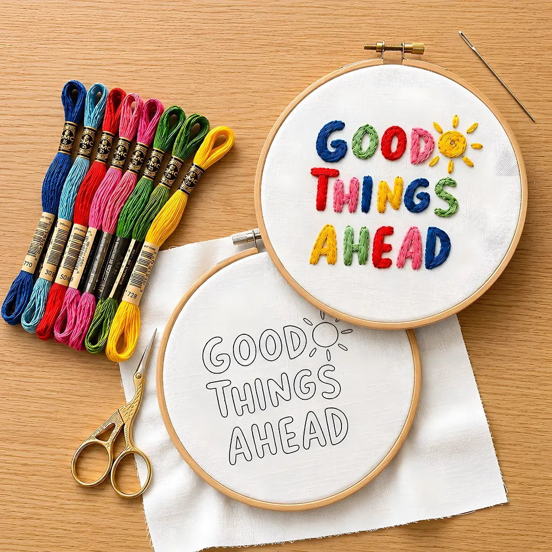 Embroidery hoops with 'Good Things Ahead' text and colorful threads on a wooden surface.