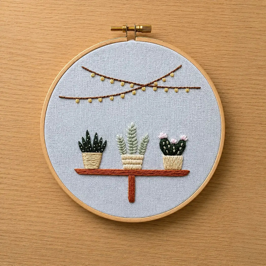 Embroidery hoop with a scene of potted plants on a wooden shelf against a light blue background.