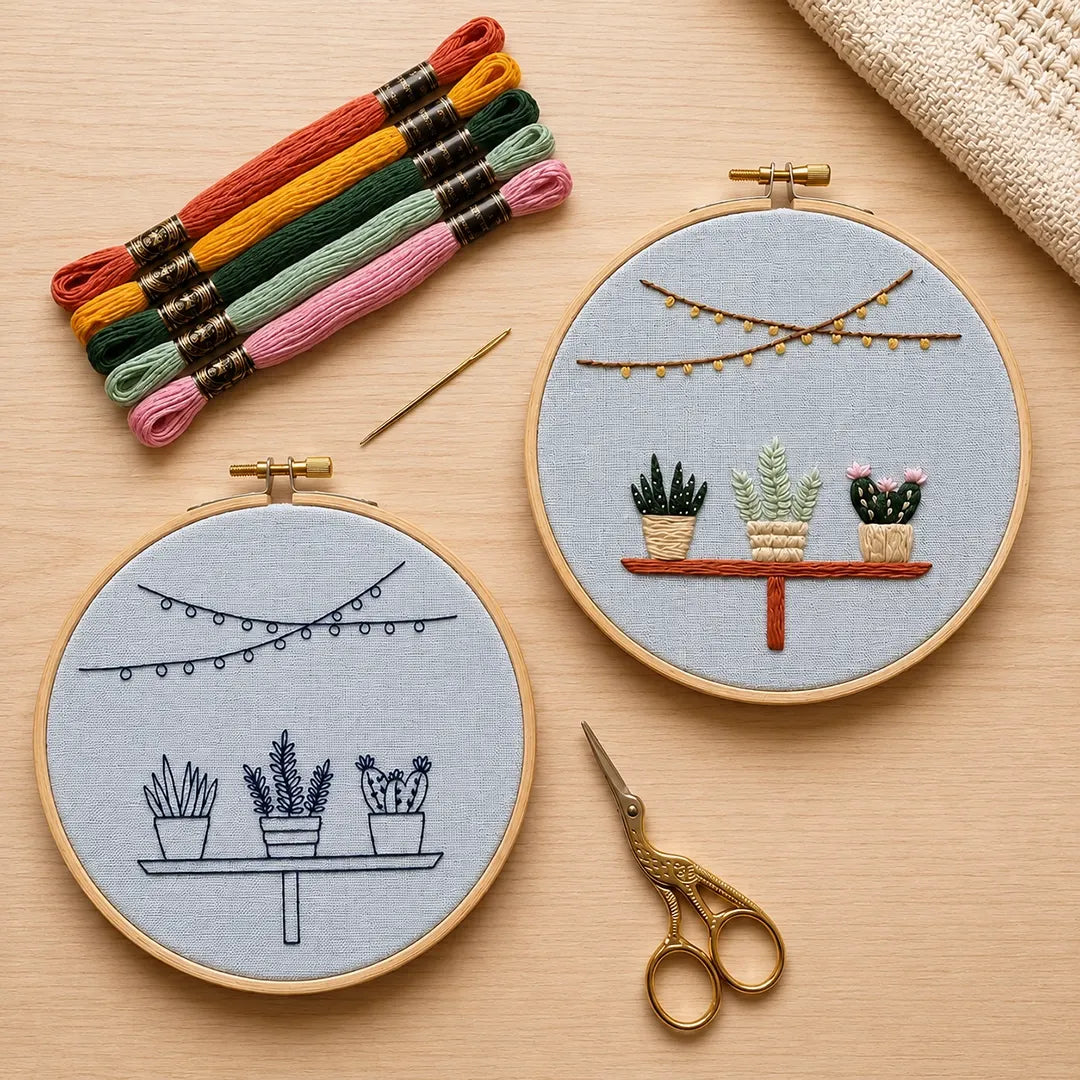Embroidery hoops with plant designs, colorful embroidery threads, and scissors on a wooden surface