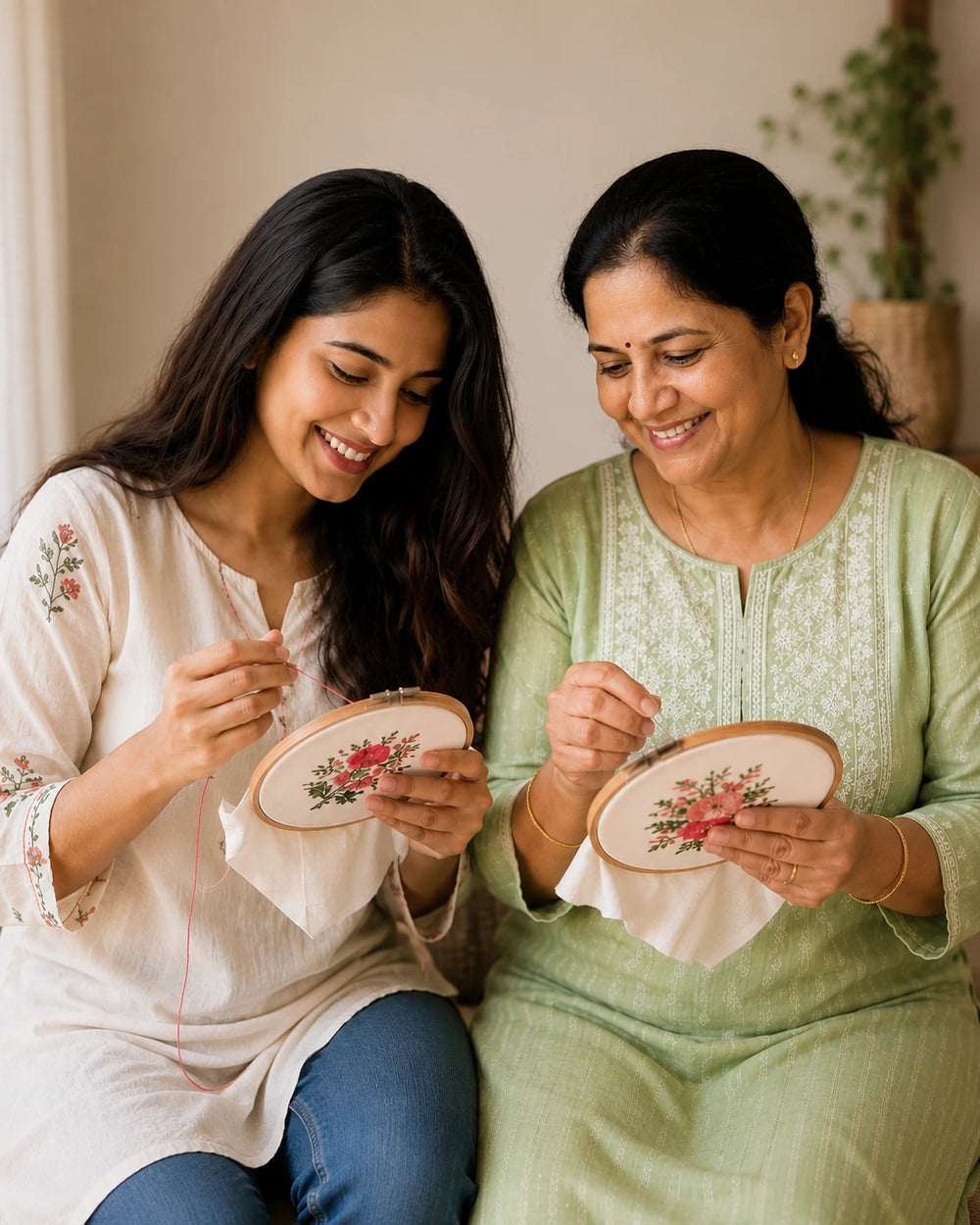 Mom and daughter sitting side by side, smiling and embroidering floral patterns into white and light green kurtis, holding oval embroidery hoops with thread.