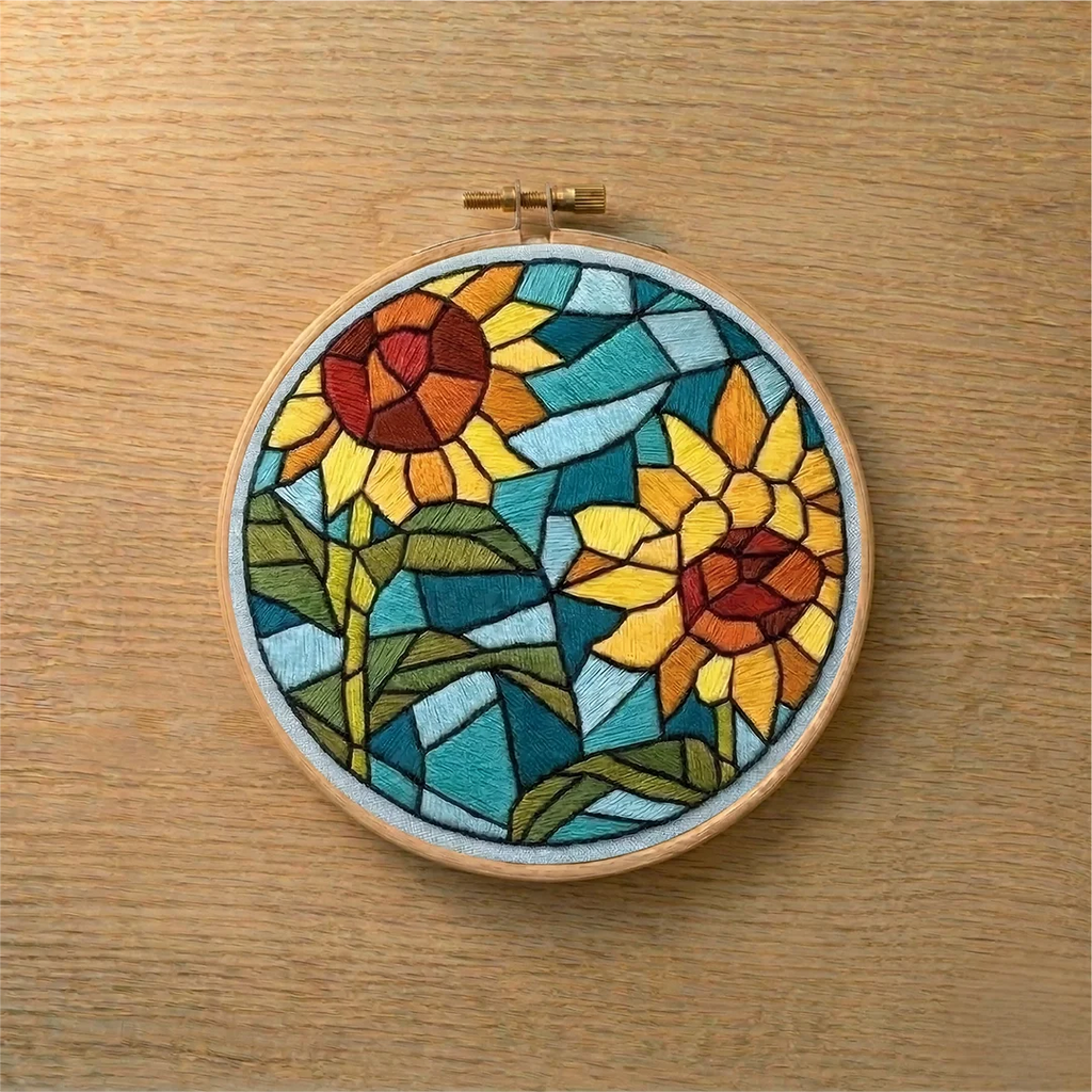 Embroidery hoop with sunflower design on a wooden surface