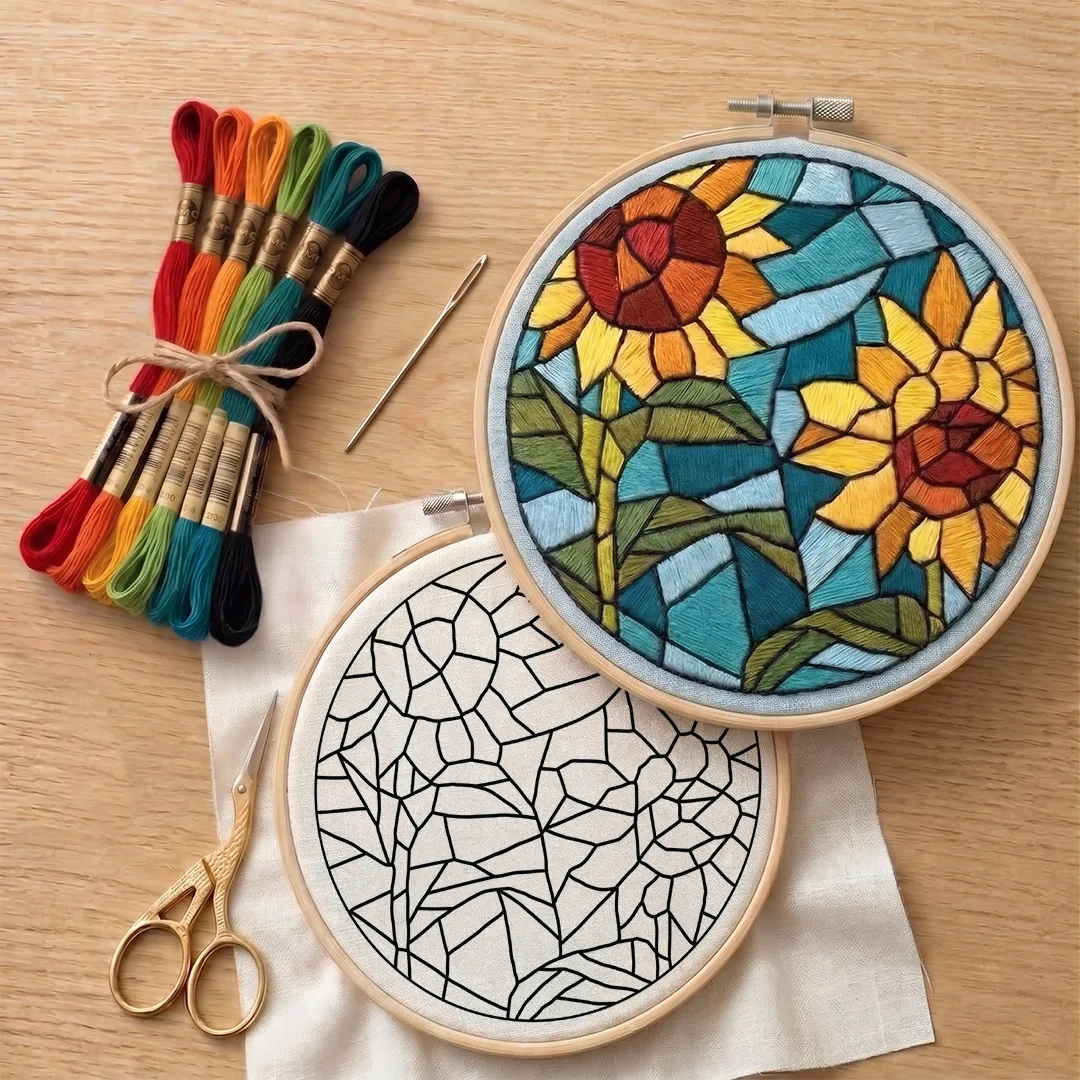 Embroidery hoop with colorful sunflower design, thread bundle, scissors, and pattern paper on a wooden surface.