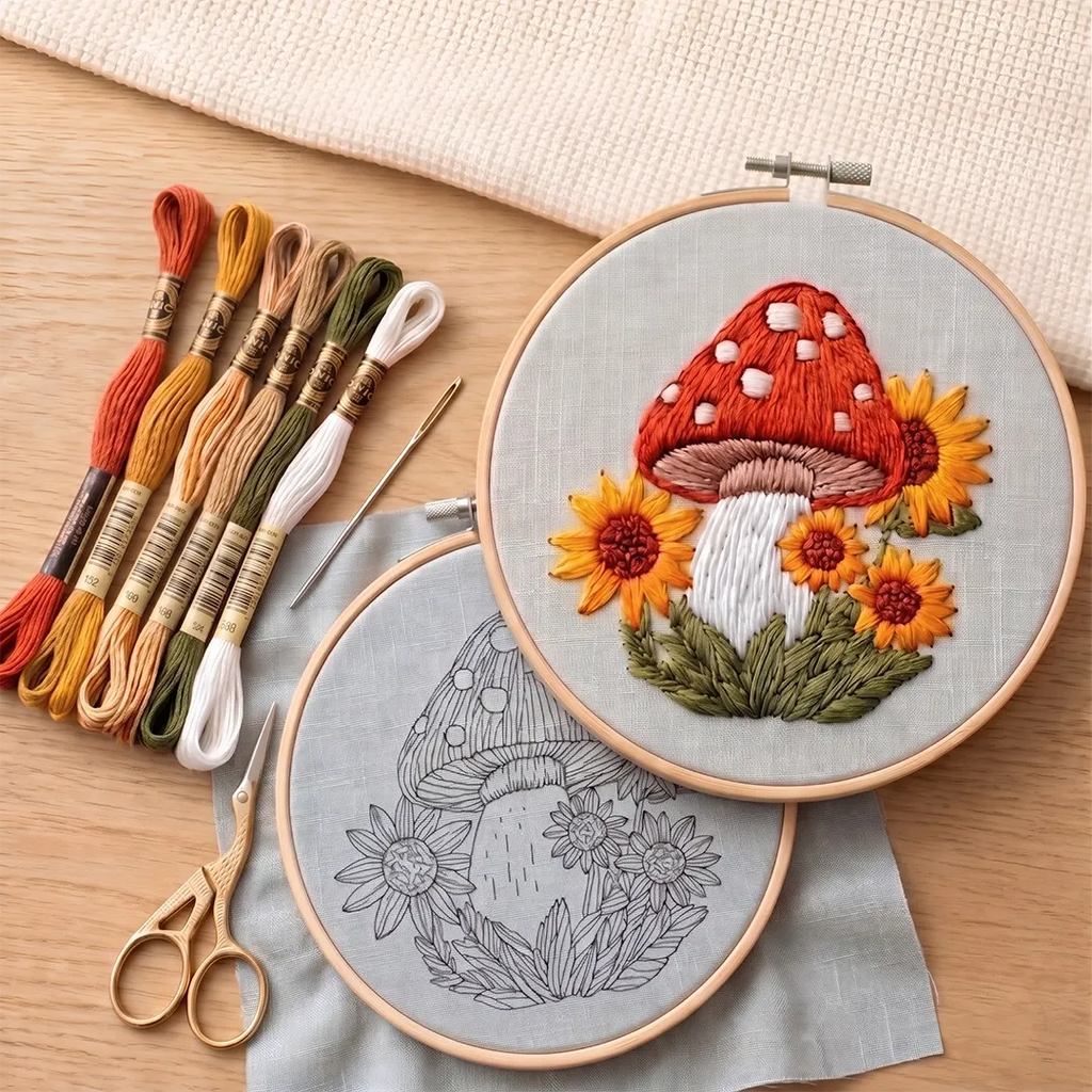 Embroidery hoop with mushroom and flower design, surrounded by embroidery threads and tools on a wooden surface.