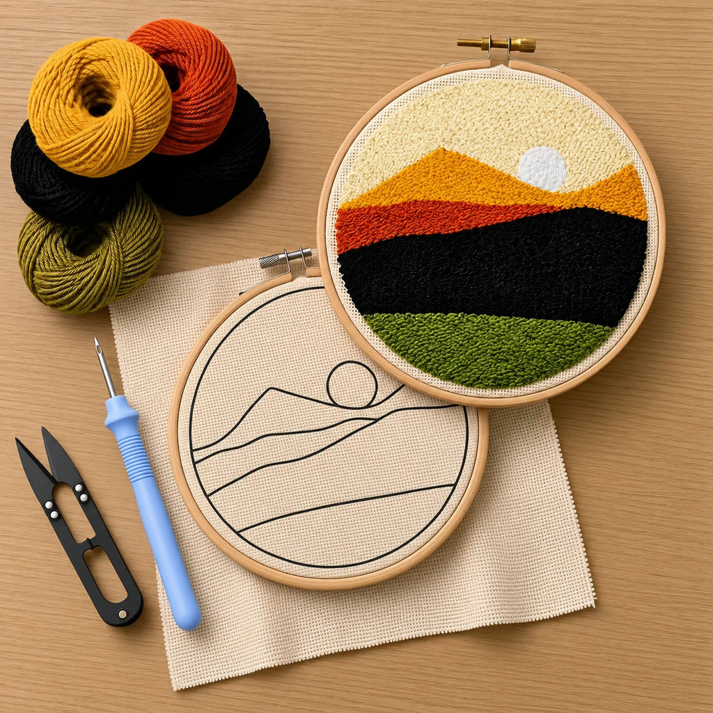 Embroidery hoop with a landscape design, punch needle, thread cutter and yarn balls on a wooden surface