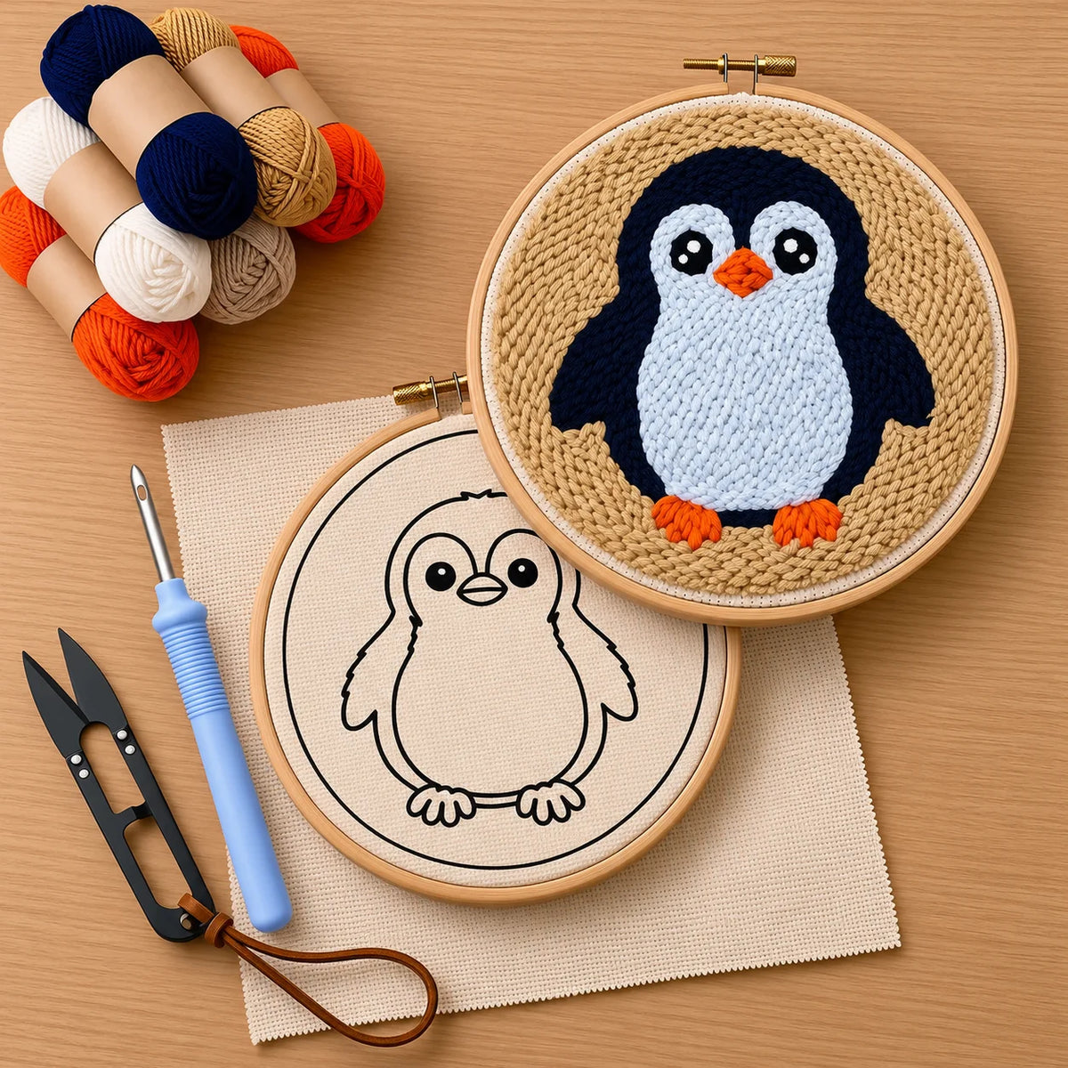 Embroidery hoops with penguin punch needle designs and yarn on a wooden surface