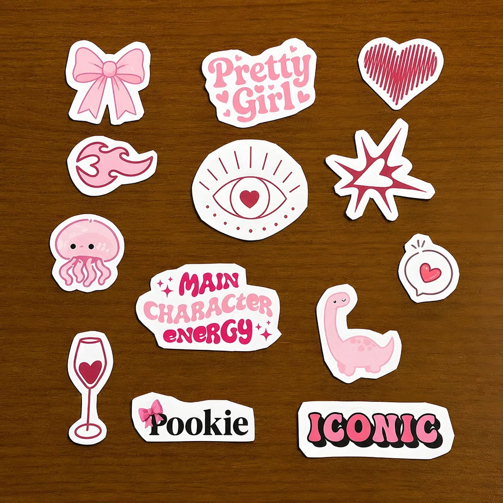 Pookie cute-themed stitch and stitch stickers on wooden surface