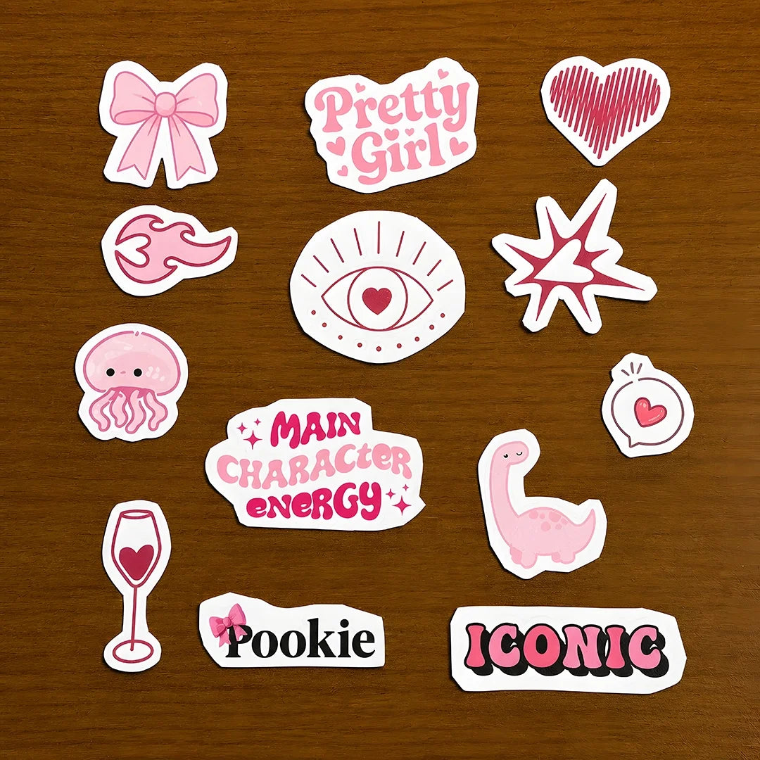 Pookie cute-themed stitch and stitch stickers on wooden surface