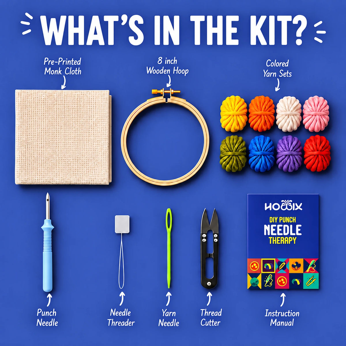 A product kit overview on a blue background titled "WHAT'S IN THE KIT?" showing included items: a pre-printed monk cloth, an 8-inch wooden hoop, colored yarn sets, a punch needle pen, extra needles, needle threader, yarn needle, a thread cutter, and an instruction manual.