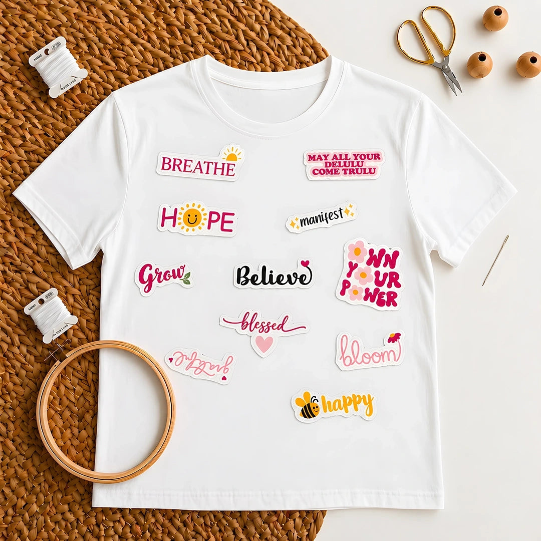 motivational quotes stitch and stitch stickers on blue jacket on textured surface with embroidery tools like hoop, needle, threads and scissors 