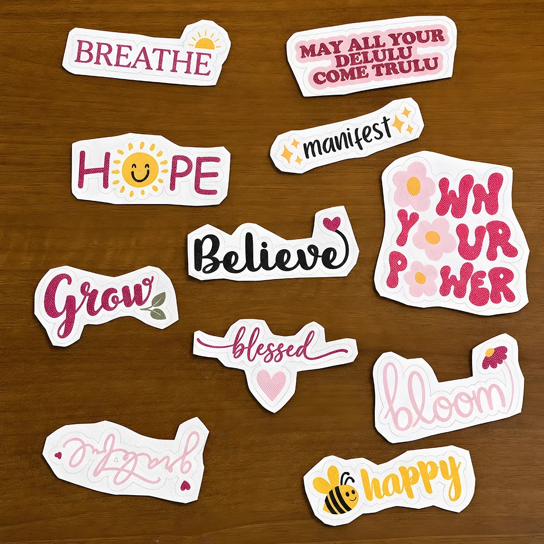 Motivational stick and stitch stickers with phrases like 'Breathe', 'Hope', 'Believe', and more on a wooden surface.