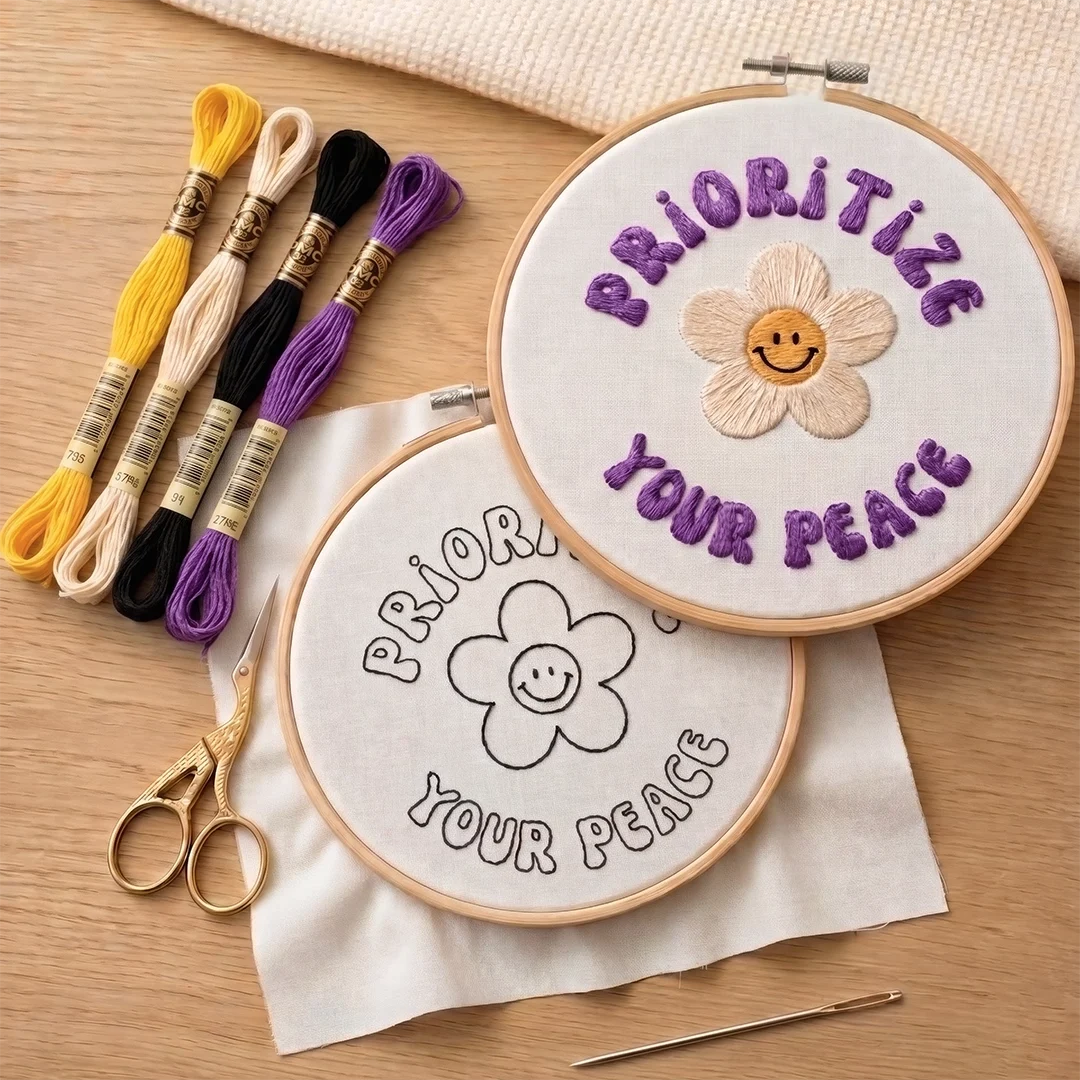 Embroidery hoops with embroidered text and flowers on a wooden surface, with embroidery threads and scissors.