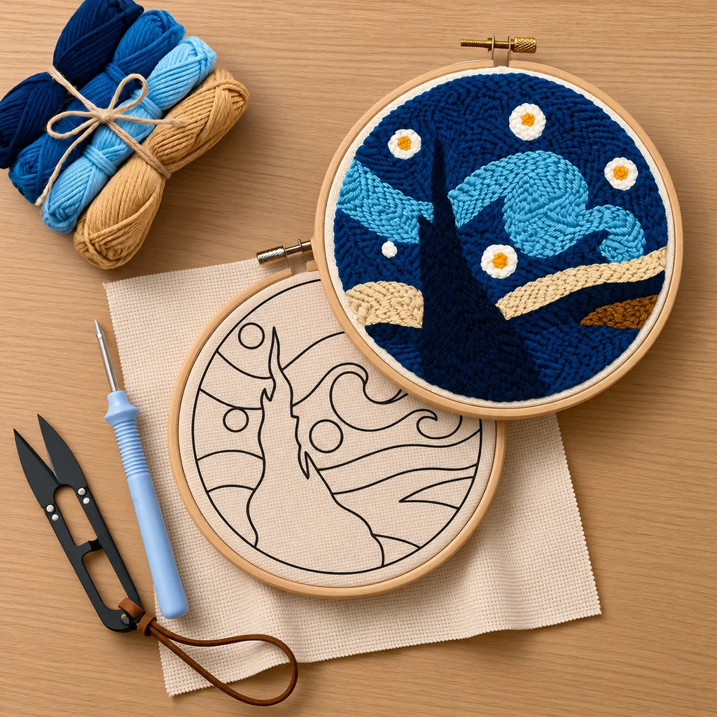 Embroidery hoop with completed punch needled starry night artwork and yarn on a wooden surface.