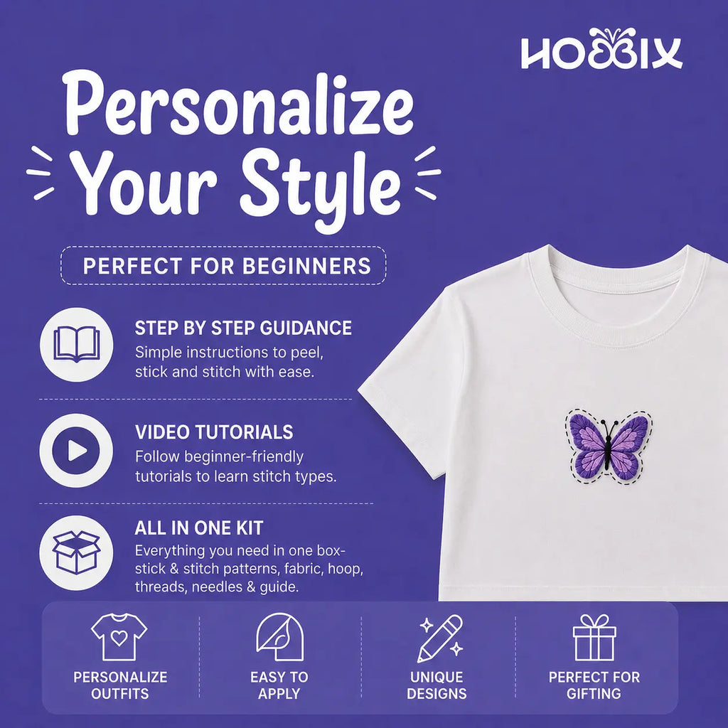 Promotional graphic for a personalized box stitch kit by HOBBIX. The left side features a purple background with white text detailing the features: step-by-step guidance, video tutorials, and an all-in-one kit. Benefits are personalize outfits, easy to apply, unique designs and perfect for gifting