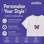 Promotional graphic for a personalized box stitch kit by HOBBIX. The left side features a purple background with white text detailing the features: step-by-step guidance, video tutorials, and an all-in-one kit. Benefits are personalize outfits, easy to apply, unique designs and perfect for gifting
