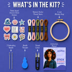 A product kit overview on a blue background showing included items: theme-based stick & stitch stickers, natural anchor thread skeins, a 6-inch wooden hoop, two embroidery needles, a needle threader, a thread cutter, and an instruction manual.
