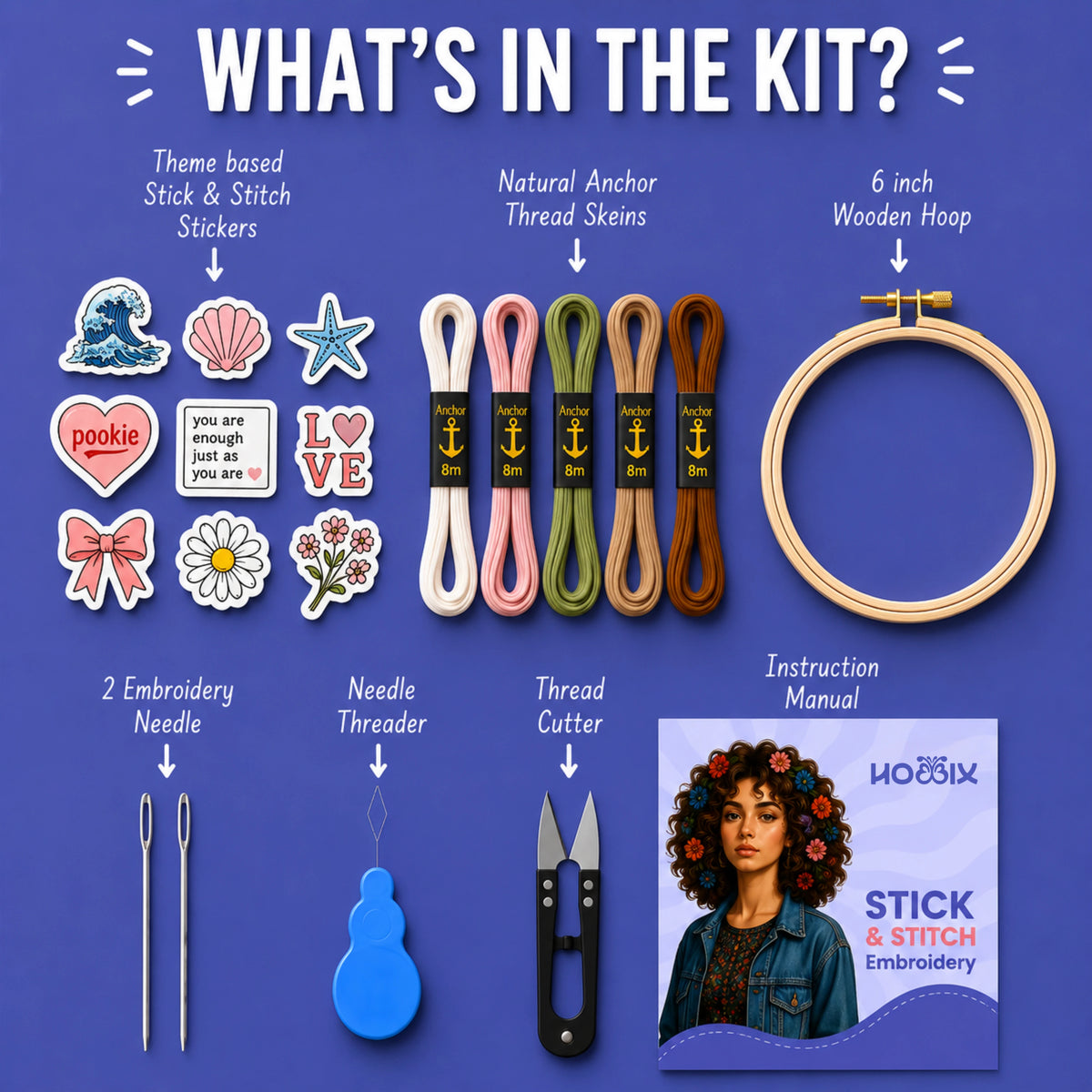 A product kit overview on a blue background showing included items: theme-based stick & stitch stickers, natural anchor thread skeins, a 6-inch wooden hoop, two embroidery needles, a needle threader, a thread cutter, and an instruction manual.