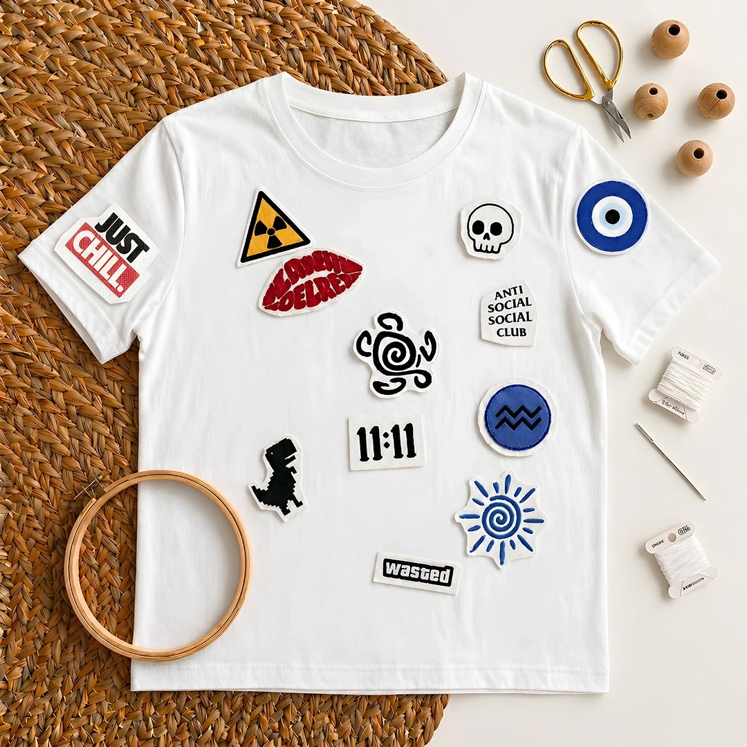 White t-shirt with streetwear fashion stitch and stitch stickers  on a textured surface with scissors and needle, hoop, threads.