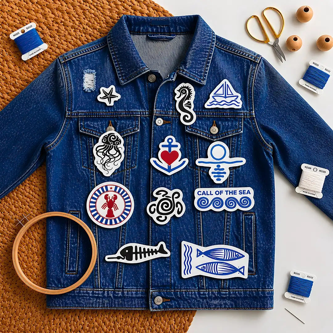 Blue denim jacket with ocean-themed streetwear stitch and stitch stickers  on a textured surface with embroidery hoop, needle, threads and scissors