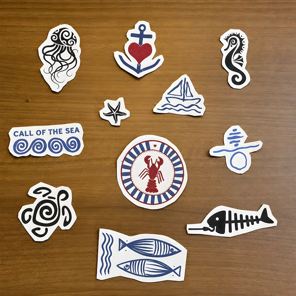 Ocean-themed streetwear stitch and stitch stickers  on a wooden surface