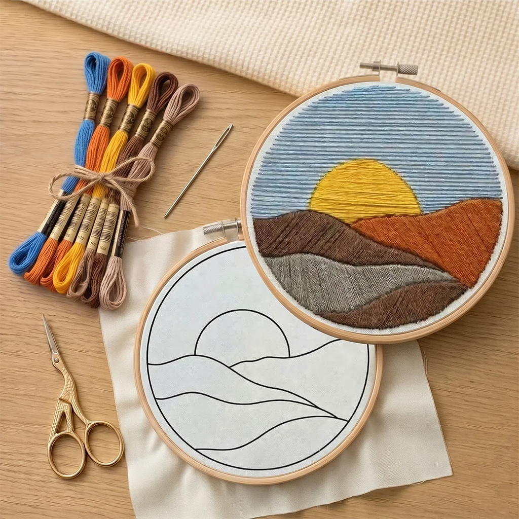 Embroidery hoop with a completed landscape design on a wooden surface with embroidery threads and tools.