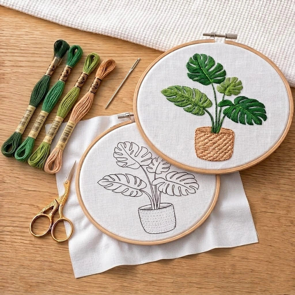 Embroidery hoops with plant designs and embroidery threads on a wooden surface