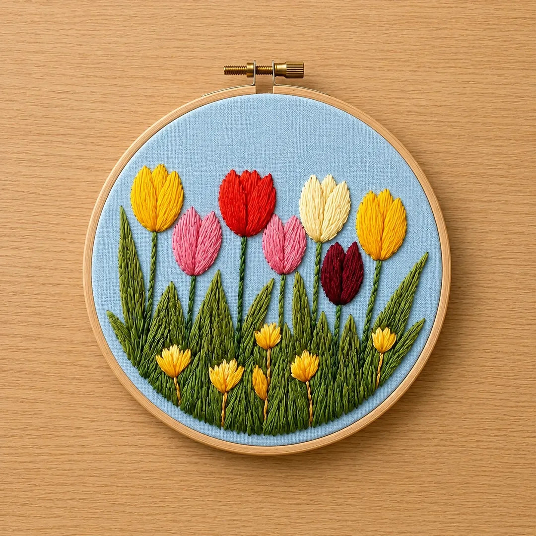 Embroidery hoop with colorful tulip design on a wooden surface