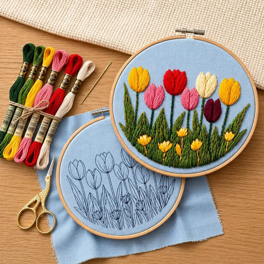 Embroidery hoop with colorful tulip design, embroidery threads, and scissors on a wooden surface.