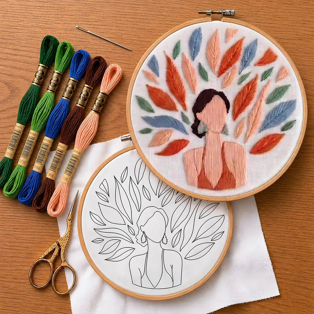 Embroidery hoop with colorful leaf pattern, embroidery thread, scissors, and outline drawing on a wooden surface.