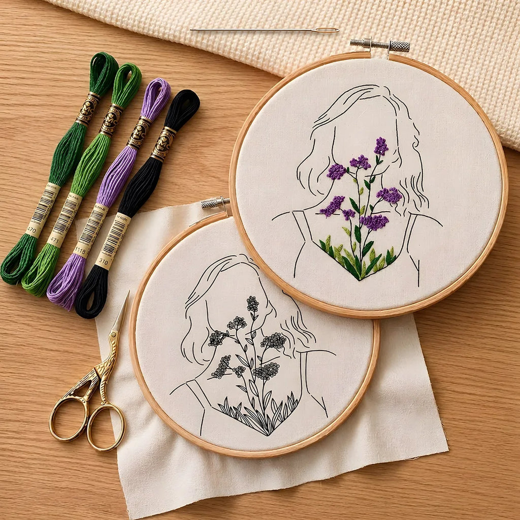 Embroidery hoops with floral designs ,woman face and embroidery threads on a wooden surface