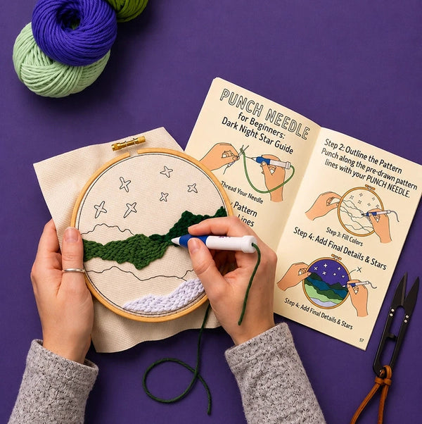 Person using a punch needle on a star pattern with yarn and instructions on a purple background
