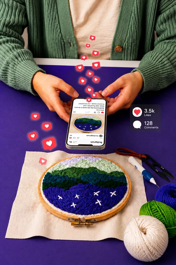 Person holding a phone with social media interface over embroidery hoop with yarn and tools on purple surface
